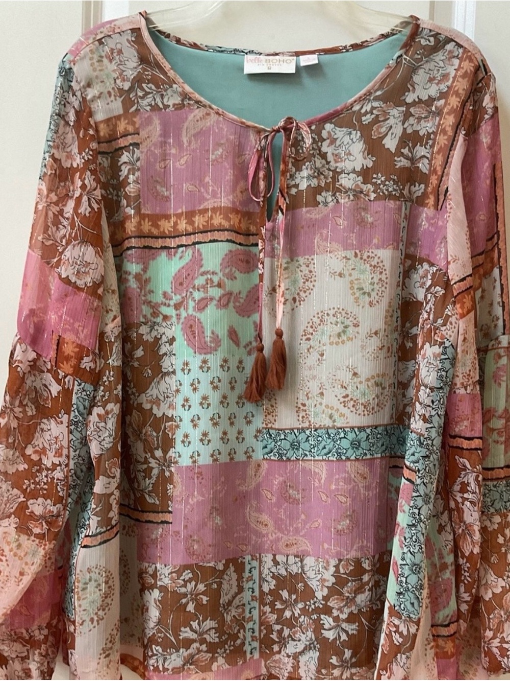Belle Boho Patchwork Paisley Tie-Neck Blouse in Pink, Brown & Mint - Free People